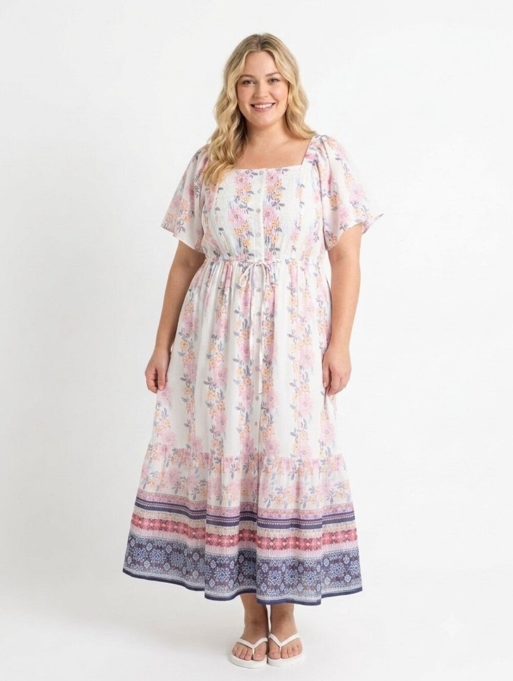 Lea Floral Flutter Sleeve 100% Cotton Maxi Dress 2X White Pink Blue NWT Bohemian
